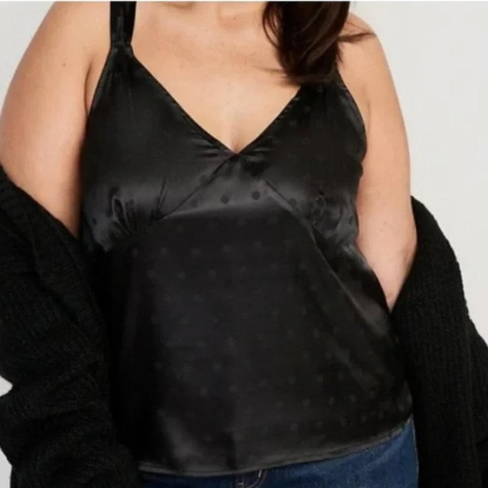 NWT Old Navy Black Polka-Dot Satin Jacquard Cami Top Sz Large